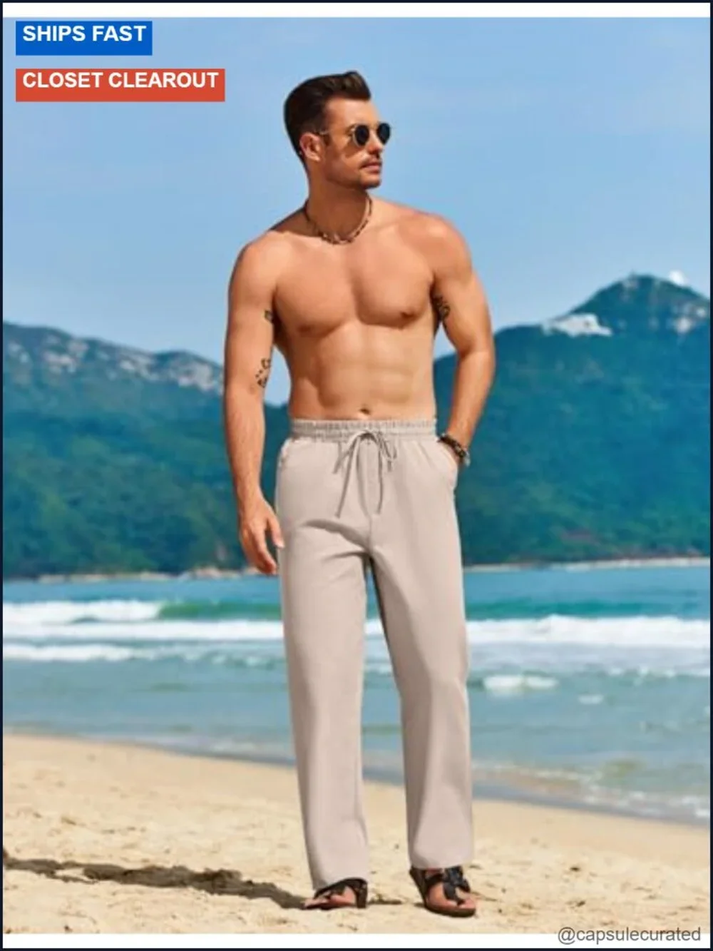 Men's Casual Linen Pants Loose Fit Elastic Waist Drawstring Lightweight Summer